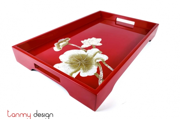 Rectangular lacquer tray with hand-painted lotus 28*45cm